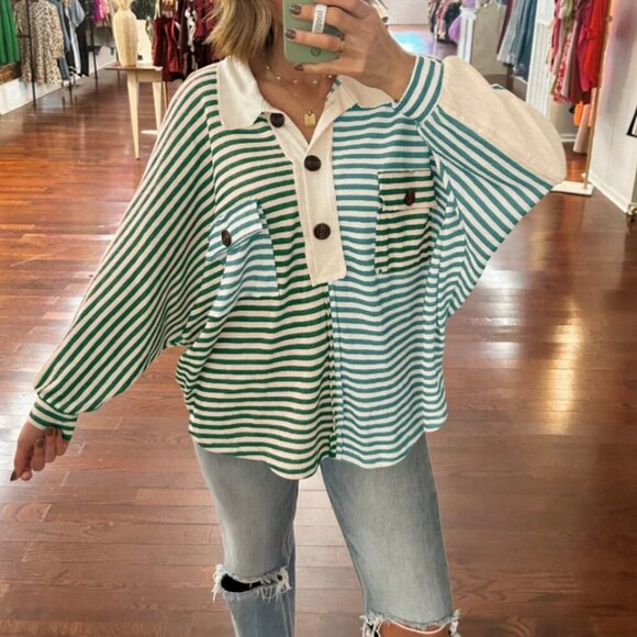 Tops - Green Casual Women's Striped Long Sleeve T-Shirt
